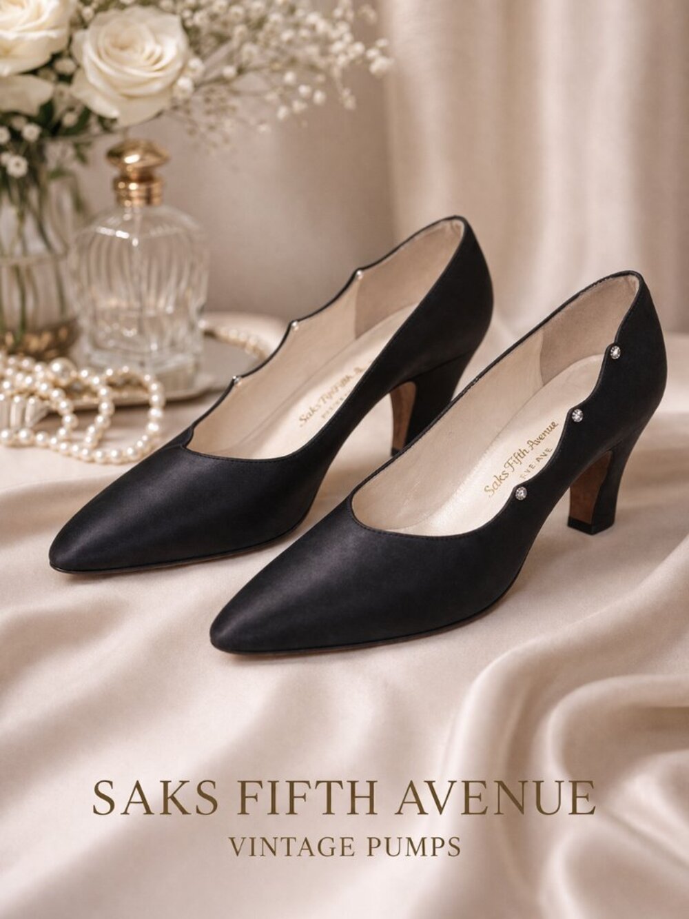 Saks Fifth Avenue VTG Black Pumps Size 8.5 60s Slip-On Chunky Heel Chic
